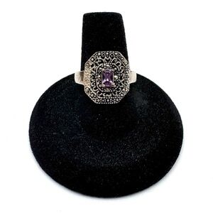 Sterling Silver Amethyst and Marcasite Filigree Ring Size 8